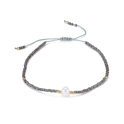 Gris Nylon ajustable pulseras de cuentas trenzado del cordón, con cuentas de semillas japonesas y perlas, gris, 2 pulgada ~ 2-3/4 pulgada (5~7.1 cm)