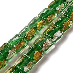 Green Handmade Gold Sand and Silver Sand Lampwork Beads, Square, Green, 10x10x5.5mm, Hole: 1.2mm