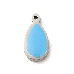 Deep Sky Blue 304 Stainless Steel Enamel Charms, Teardrop Charm, Stainless Steel Color, Deep Sky Blue, 13x6.5x1.4mm, Hole: 1mm