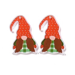 Orange Red Christmas Transparent Printed Acrylic Pendants, for Earrings Accessories, Gnome, Orange Red, 34.5x23x2.5mm, Hole: 1.5mm