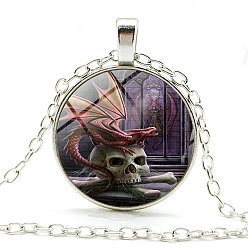 Plum Dragon Theme Glass Round Pendant Necklace with Alloy Chains, Plum, 20.47 inch(52cm)