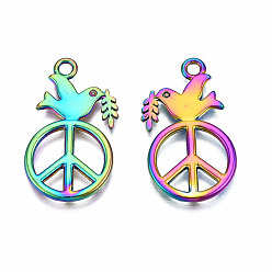 Rainbow Color Rainbow Color Alloy Pendants, Cadmium Free & Nickel Free & Lead Free, Peace Sign with Dove, 28x17x1.5mm, Hole: 2mm