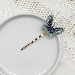 Aqua Butterfly Polyester Hair Bobby Pin, with Metal Hair Clips, for Girls, Aqua, 65mm