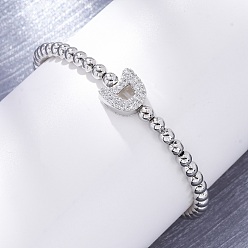 Letter D Латунные круглые бусины эластичные браслеты, Подвеска в виде буквы из латуни с микропаве из прозрачного кубического циркония для женщин, без свинца и без кадмия, стойки покрытие, платина, Буква D, внутренний диаметр: 2~2-1/8 дюйм (5~5.5 см)