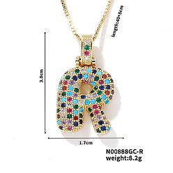 Letter R Латунные паве цветные кубические цирконии буква подвеска коробка цепочка ожерелья, золотые, Буква R, 15.75 дюйм (40 см)