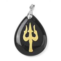 Обсидиан Природные подвески обсидиана, с реечной обшивкой латунными выводами, без кадмия и без свинца, очарование слезы, 31x25x5~7 мм, отверстие : 4.5x4 мм