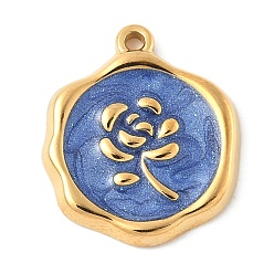 Темно-Синий 304 подвески из нержавеющей стали, с эмалью, плоская круглая с подвеской в виде цветка, реальный 18 k позолоченный, темно-синий, 18x16x2 мм, отверстие : 1.2 мм