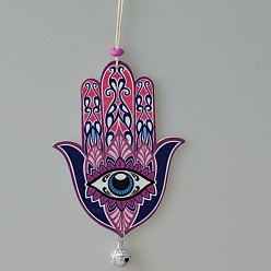 Cerise Wood Hamsa Hand/Hand of Miriam with Evil Eye Hanging Ornament, for Car Rear View Mirror Decoration, Cerise, 100mm