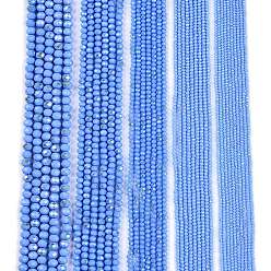 Васильковый Гальванизировать непрозрачные сплошной цвет стеклянные бусы пряди, с половиным покрытием цвета радуги, граненые, рондель, васильковый, 8x6 мм, отверстие : 1 мм, около 60~62 шт / нитка, 39~40 см