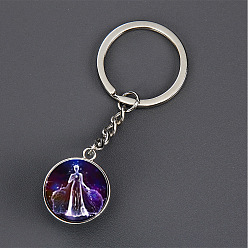 Virgo Luminous Glass Pendant Keychain, with Alloy Key Rings, Glow In The Dark, Round with Constellation, Virgo, 8.1cm