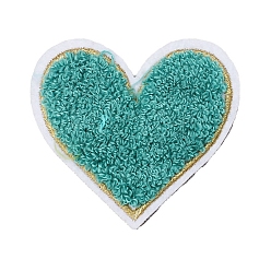 Turquoise Towel Embroidered Patch, Love Heart Embroidery Chenille Appliques, Iron-on Clothing Apparel Decoration, Turquoise, 75x70mm