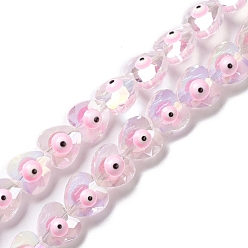 Pink Transparent Evil Eye Glass Beads Strands, with Enamel, Faceted, Heart, Pink, 10x10x6~7.5mm, Hole: 1.2mm, about 40pcs/strand, 14.25''(36.2cm)