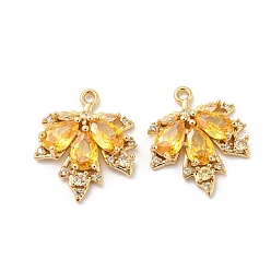 Golden Brass Micro Pave Cubic Zirconia Pendants, with Glass, Long-Lasting Plated, Leaf, Golden, 18x15x3mm, Hole: 1.2mm