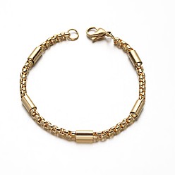 Golden 304 Stainless Steel Box Chain Bracelets, with Tube Beads and Lobster Claw Clasps, Golden, 8-1/4 inch(210mm), 4mm
