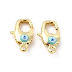 Turquoise Brass Lobster Claw Clasps, with Enamel, Real 18K Gold Plated, Long-Lasting Plated, Evil Eye Pattern, Turquoise, 20x16x2mm, Hole: 2~3mm