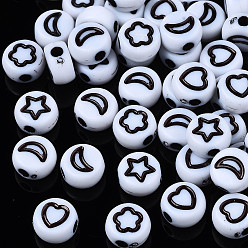 White Opaque Acrylic Beads, Flat Round with Moon or Star or Heart, White, 7x4mm, Hole: 1.8mm, about 3677pcs/500g