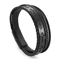 Noir Bracelets en cordon de cuir tressé multicouche, avec boucles magnétiques, noir, 8-1/4 pouce (21 cm)