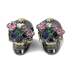 Черный Цвет Металла Стойка металлизированный латунь европейский бисер, с кубическим цирконием и эмалью, бусины с большим отверстием, без свинца и без кадмия, долговечный, Сахарный череп для Мексики, День мертвых, металлический черный , 12x9x10 мм, отверстие : 4 мм