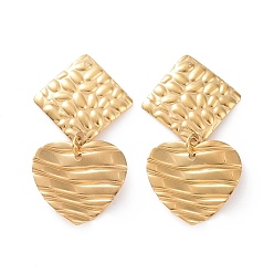 Golden 304 Stainless Steel Heart with Rhombus Dangle Stud Earrings for Women, Golden, 35mm, Pin: 0.8mm
