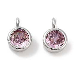 Pink Латунные микро проложить кубического циркония прелести, плоско-круглые, платина, розовые, 9x6x3.5 мм, отверстие : 2 мм