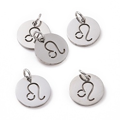 Leo 304 Stainless Steel Charms, Flat Round with Constellation/Zodiac Sign, Leo, 12x1mm, Hole: 3mm