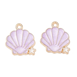 Lilac Alloy Enamel Pendants, Shell Shape with Starfish Charms, Golden, Lilac, 18x16x1mm, Hole: 1.6mm