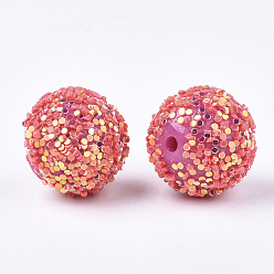 Deep Pink Acrylic Beads, Glitter Beads,with Sequins/Paillette, Round, Deep Pink, 12x11mm, Hole: 2mm