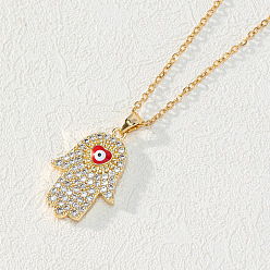 A Stylish Evil Eye Necklace with Diamond Palm Pendant - Minimalist Hamsa Hand Jewelry