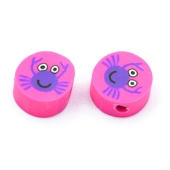 Deep Pink Handmade Polymer Clay Beads, Flat Round with Crab Pattern, Deep Pink, 9x4.5mm, Hole: 1.6mm