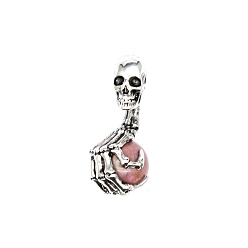 Rhodonite Halloween Skull Natural Rhodonite Alloy Pendants, Skeleton Hand Charms with Gems Sphere Ball, Antique Silver, 43x19mm