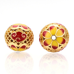 Yellow Hollow Alloy Beads, with Enamel, Rondelle with Flower, Matte Gold Color, Yellow, 14x13mm, Hole: 2.5mm
