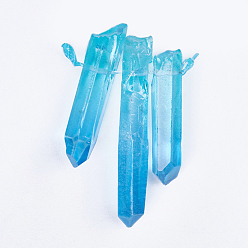 Deep Sky Blue Natural Quartz Crystal Pointed Pendants, Dyed, Deep Sky Blue, 26~50x5~10x5~10mm, Hole: 1mm, 3pcs/set