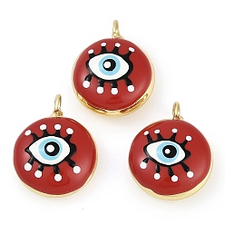 Темно-Красный Стойки обшивки латунные подвески, с эмалью, без свинца и без кадмия, реальный 18 k позолоченный, плоский круглый с оберегом от сглаза, темно-красный, 19x15x8 мм, отверстие : 1.8 мм