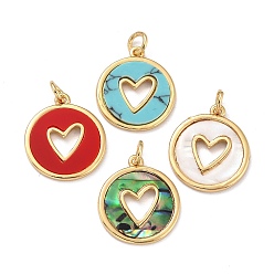 Mixed Color Real 18K Gold Plated Brass Pendants, with Mixed Shell & Gemstone, Long-Lasting Plated, Flat Round with Heart, Mixed Color, 18x16x2mm, Hole: 3mm, Jump Ring: 5x1mm