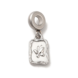 Stainless Steel Color 304 Stainless Steel European Dangle Charms, Large Hole Pendants, Rectangle with Butterfly Pattern, Stainless Steel Color, 25mm, Pendant: 15x9x2mm, Hole: 4.5mm