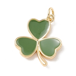 Olive Drab Brass Enamel Pendants, with Jump Rings, Real 18K Gold Plated, Cadmium Free & Lead Free, Long-Lasting Plated, Clover, Olive Drab, 18x14x3mm, Hole: 3mm