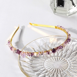 Amethyst Wire Wrapped Natural Amethyst Chip Hair Bands, with Metal Hoop, for Women Girls, 140x120x25mm