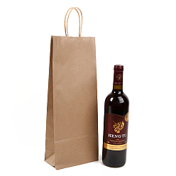 Tan Rectangle Solid Color Kraft Paper Gift Bags, with Hemp Rope Handles, for Single Wine Packaging Bag, Tan, 8x15x38cm