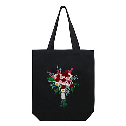 Mixed Color DIY Bouquet Pattern Black Canvas Tote Bag Embroidery Kit, including Embroidery Needles & Thread, Cotton Fabric, Plastic Embroidery Hoop, Mixed Color, 390x340mm