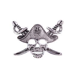 Antique Silver Alloy Pirate Skull Sword Brooch for Halloween, Men's Versatile Pin Accessory, Antique Silver, 40x30mm