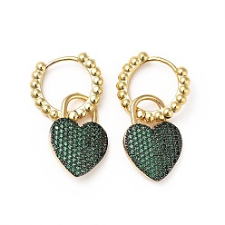 Green Cubic Zirconia Heart Padlock Dangle Hoop Earrings, Real 18K Gold Plated Brass Jewelry for Women, Cadmium Free & Lead Free, Green, 30mm, Pin: 1mm