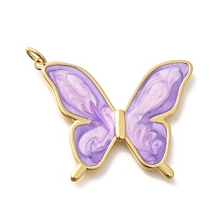 Лиловый Подвески из латуни с эмалью в стойку, с целью перехода в кольце, без кадмия и без свинца, долговечный, реальный 18 k позолоченный, очарование бабочки, сирень, 27x33x2.5 мм, отверстие : 3.5 мм