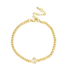Clear Cubic Zirconia Teardrop Link Bracelet with Curb Chains, Gold Plated Brass Jewelry for Women, Lead Free & Cadmium Free, Clear, 7 inch(17.7cm)