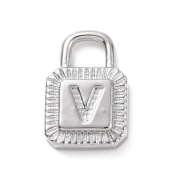 Letter V Eco-friendly Rack Plating Brass Pendants, Cadmium Free & Lead Free, Long-Lasting Plated, Lock with Alphabet, Platinum, Letter.V, 15x10x3mm, Hole: 3.5x4mm
