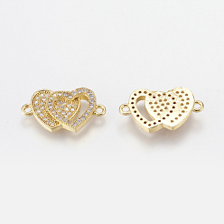 Golden Brass Micro Pave Cubic Zirconia Links, Clear, Double Heart, Nickel Free & Lead Free & Cadmium Free, Golden, 11x20x2.5mm, Hole: 1mm