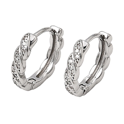Platinum Twist Brass Micro Pave Cubic Zirconia Hoop Earrings, Round, Platinum, 14x2.5mm