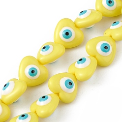 Yellow Evil Eye Resin Beads Strands, Heart, Yellow, 12.5x14x9mm, Hole: 1.8mm, about 30pcs/strand, 14.25 inch(36.2cm)