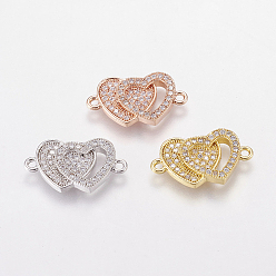 Mixed Color Brass Micro Pave Cubic Zirconia Links, Clear, Double Heart, Nickel Free & Lead Free & Cadmium Free, Mixed Color, 11x20x2.5mm, Hole: 1mm