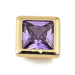 Medium Purple Brass Pave Cubic Zirconia Cabochons, Square, Faceted, Pointed Back, Rack Plating, Long-Lasting Plated, Cadmium Free & Lead Free, Real 18K Gold Plated, Medium Purple, 5.5x5.5x3mm