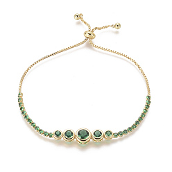 Green Adjustable Brass Micro Pave Cubic Zirconia Bolo Bracelets, Slider Bracelets, Golden, Green, 9-1/2 inch(24cm), 1.3~8mm